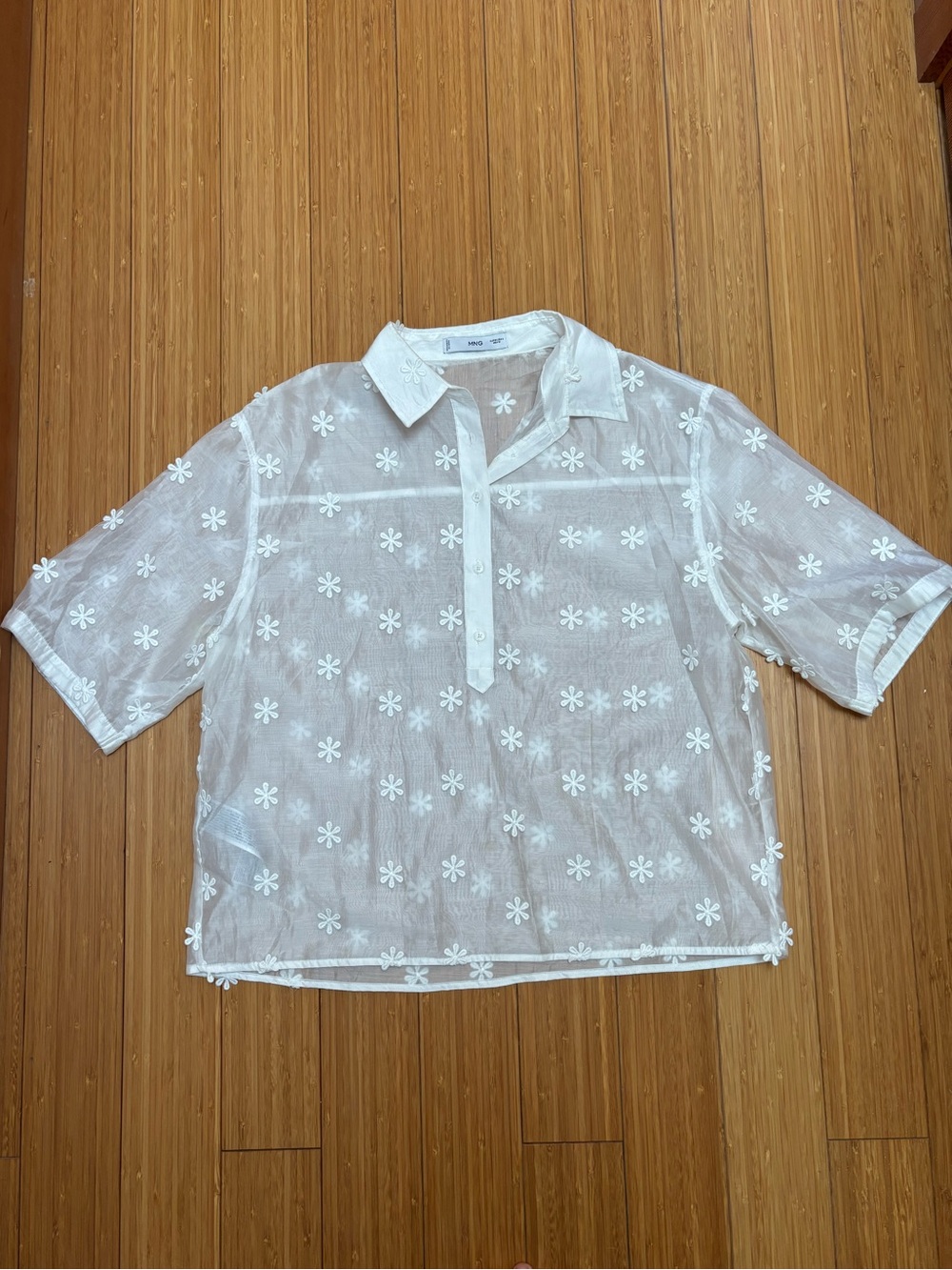 Mango White Sheer Floral Embroidered Button-Down Top